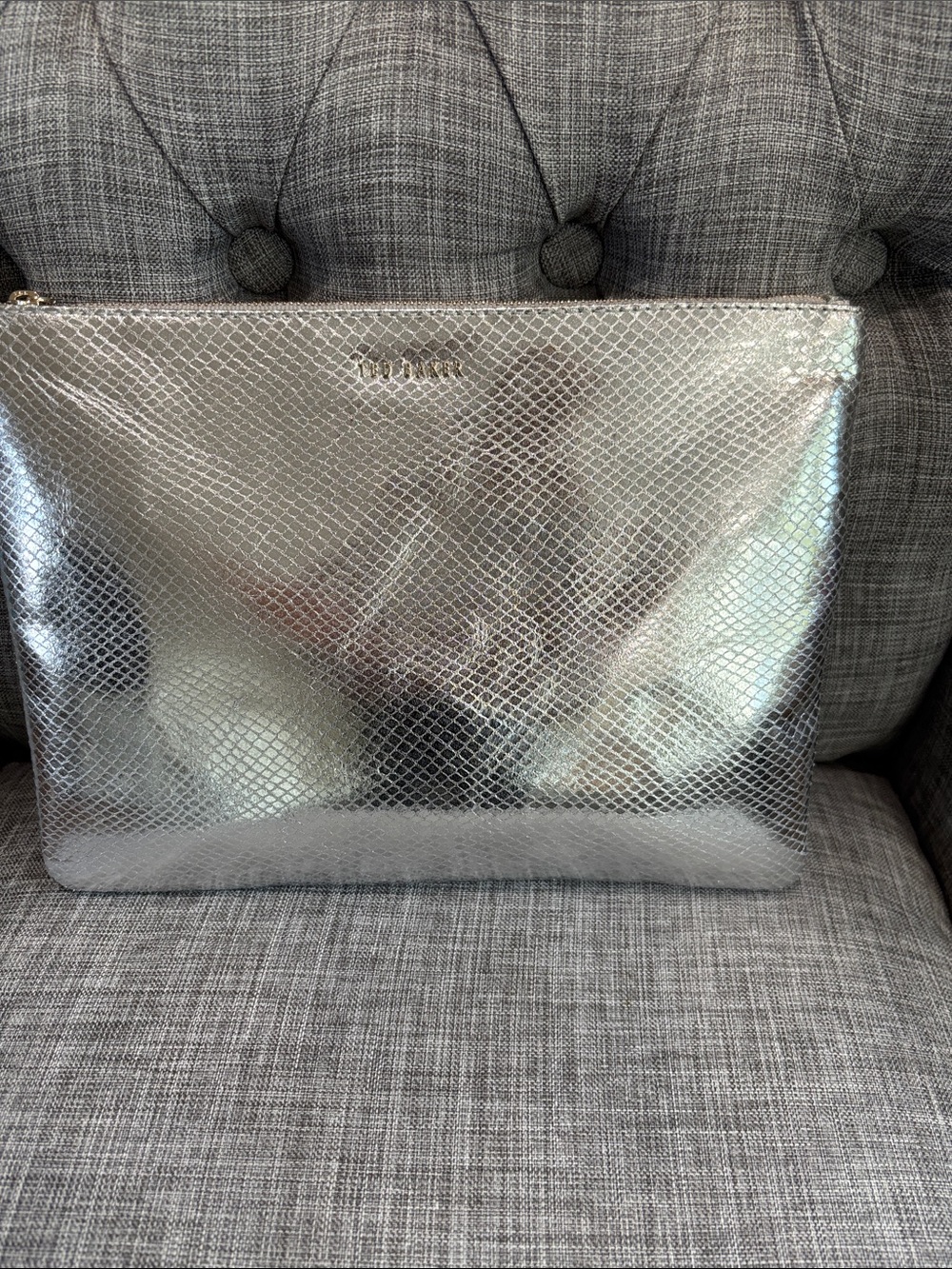 TED BAKER Metallic Silver Snake-Embossed Zip clutch - Women